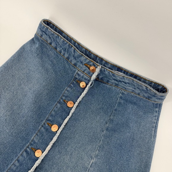 Zara Dresses & Skirts - Zara Basic Denim Skirt Womens Small Blue Asymmetrical Raw Hem Button Front Mini